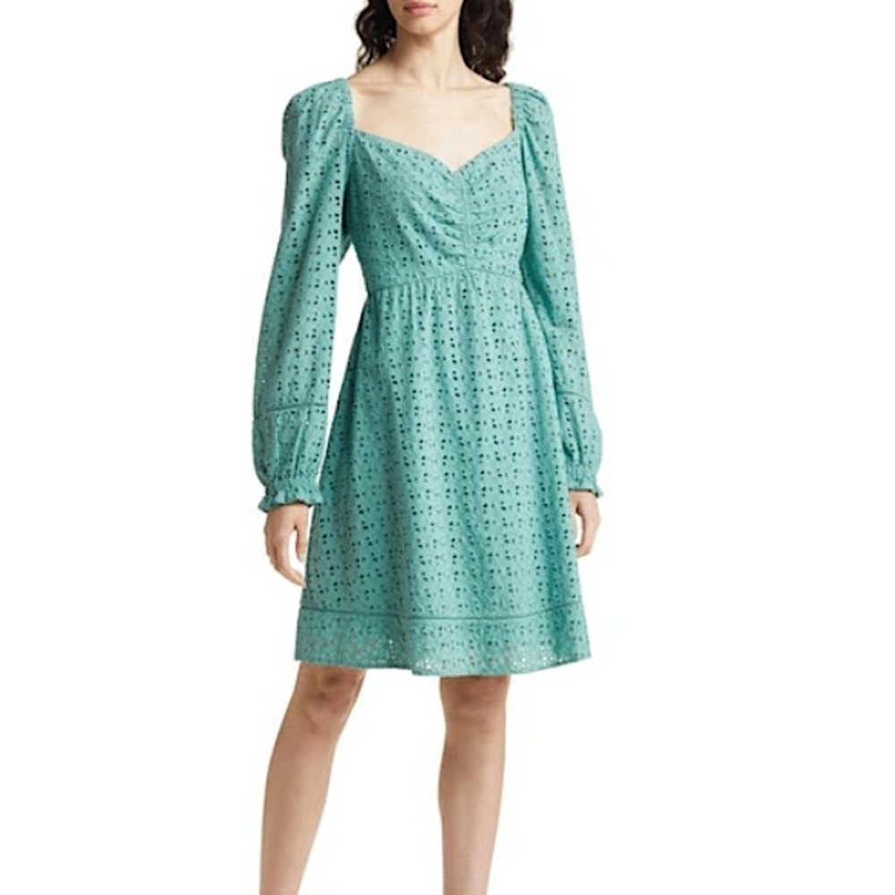 Chelsea 28 CINCHED FRONT EYELET LONG SLEEVE A-LINE DRESS IN GREEN SEAGLASS small